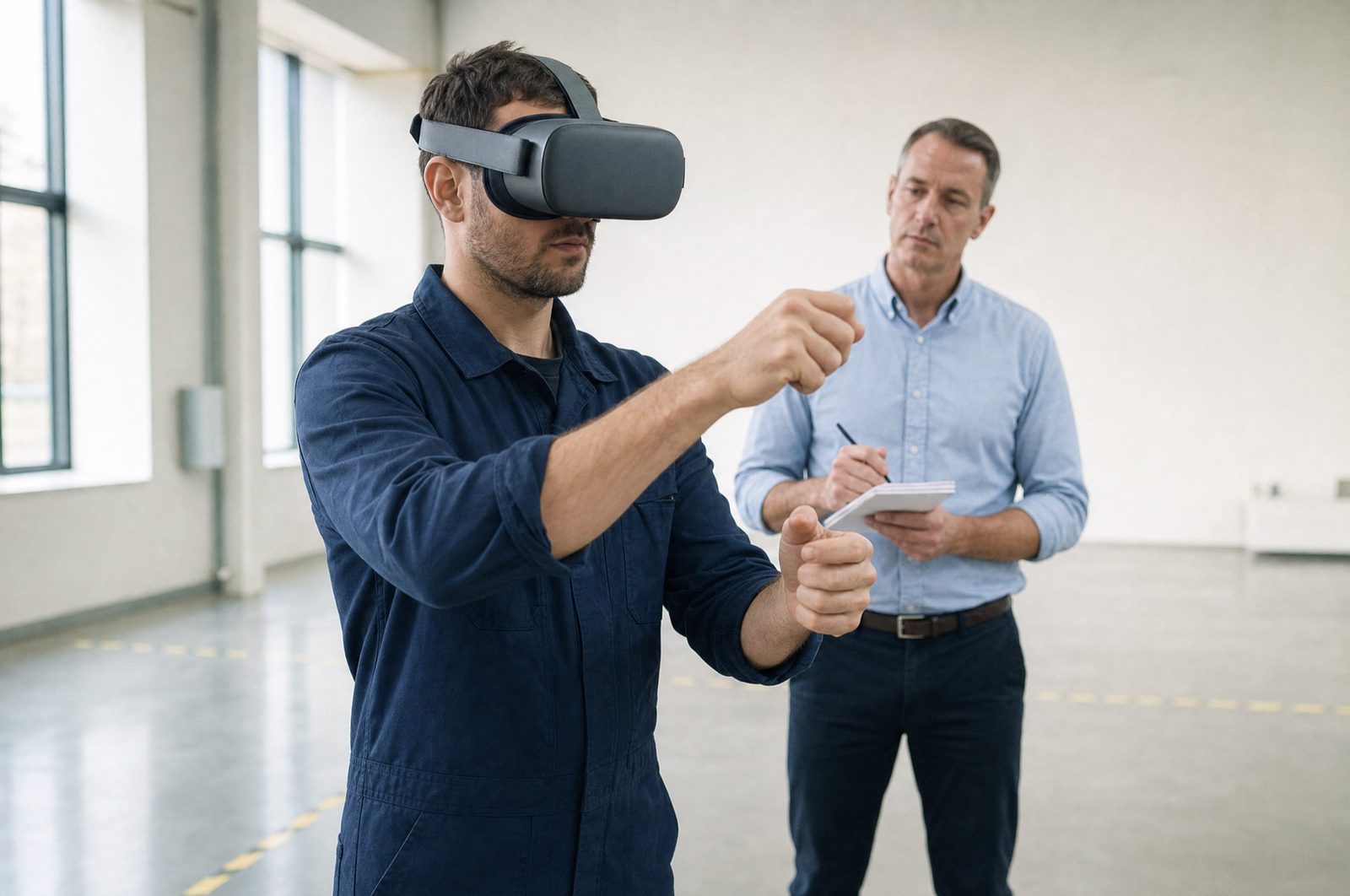 빈 훈련실에서 작업복을 입은 사람이 VR 헤드셋을 쓰고 눈앞에 없는 밸브를 돌리는 동작을 하고, 교육자가 뒤에서 기록한다